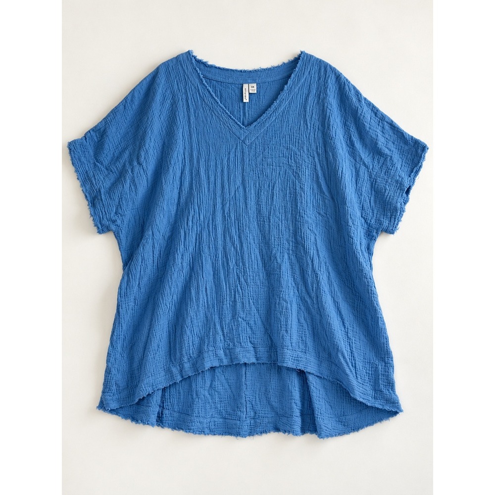 Kleen Women's 3X Blue Crinkle Gauze V Neck Boho Oversized Tunic Top